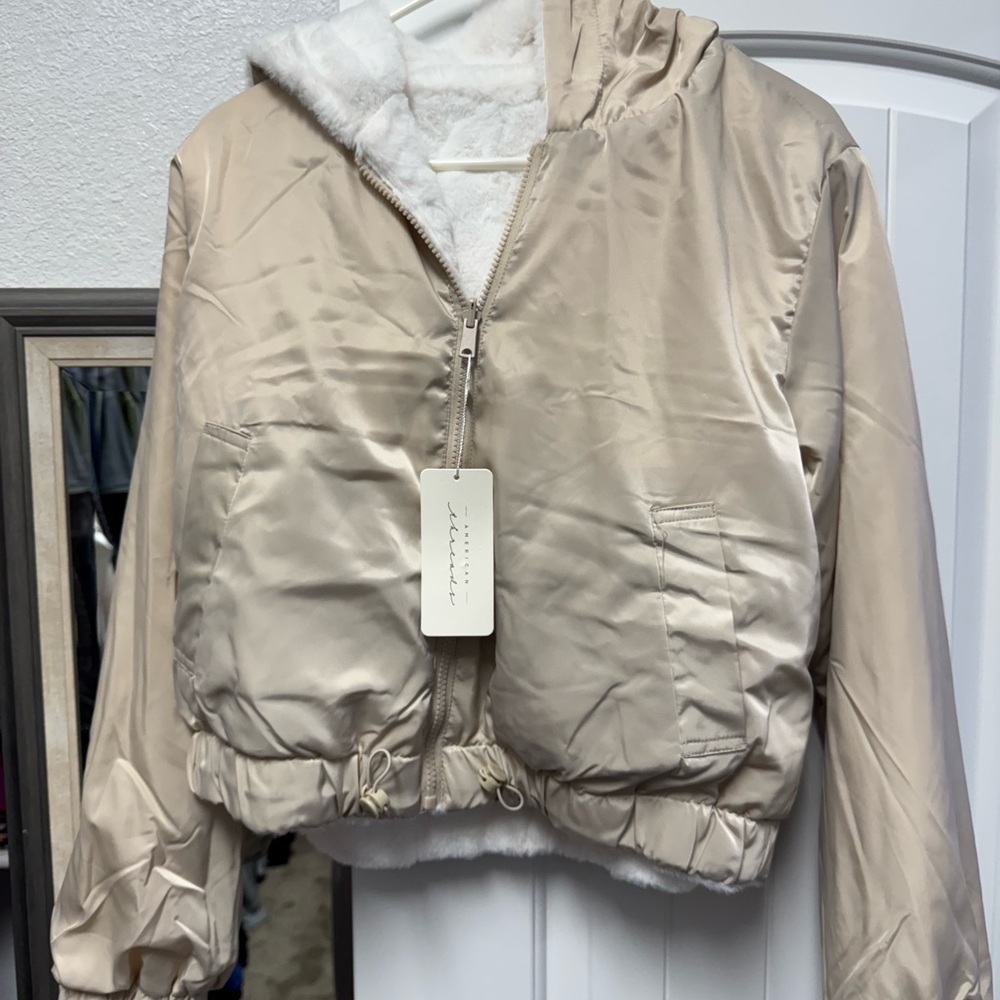 American Threads Cream Puffer Jacket with Elastic Waistband